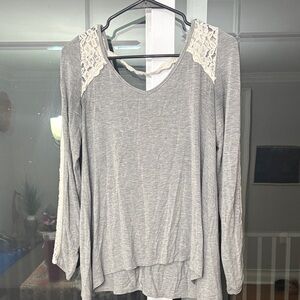 Abercrombie & Fitch Gray Long Sleeve Top with Cream Lace Shoulders